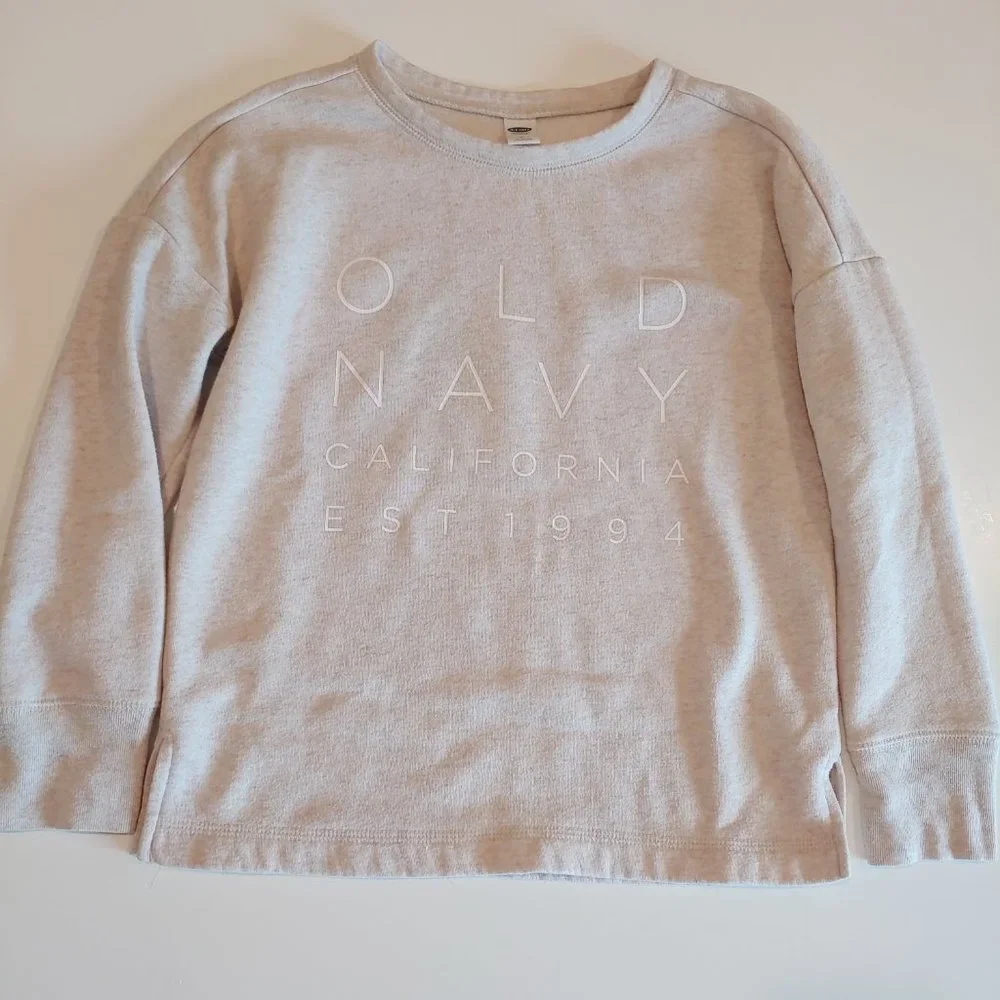 Old Navy | Oatmeal Metallic Gold Logo Long Sleeve Pullover Sweatshirt | M